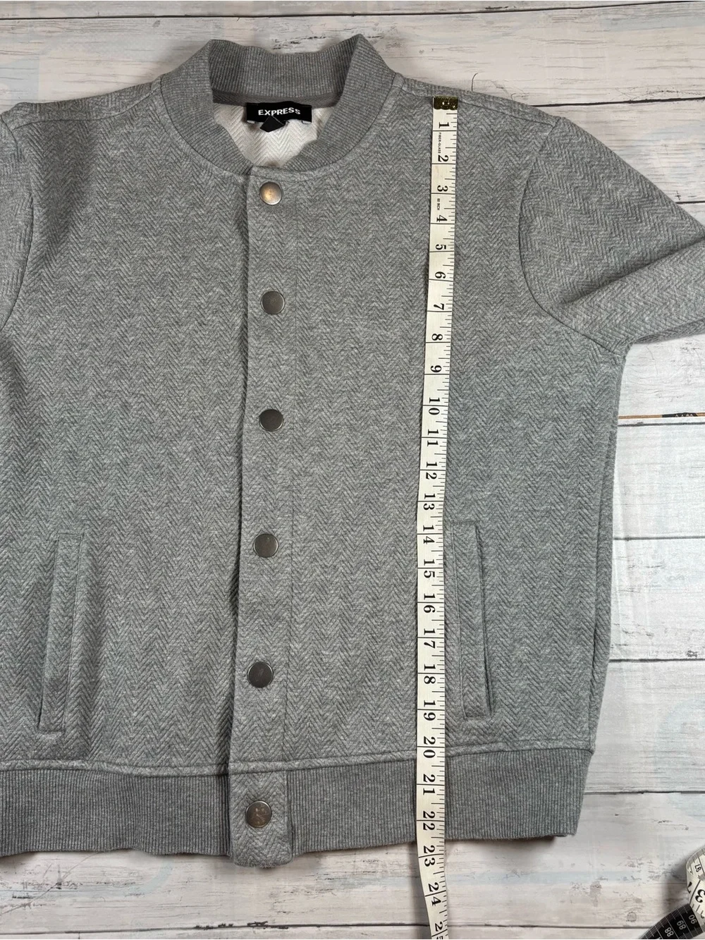 Express Bomber Sweatshirt Jacket Men’s S Gray Textured Knit Varsity Quiet Luxury